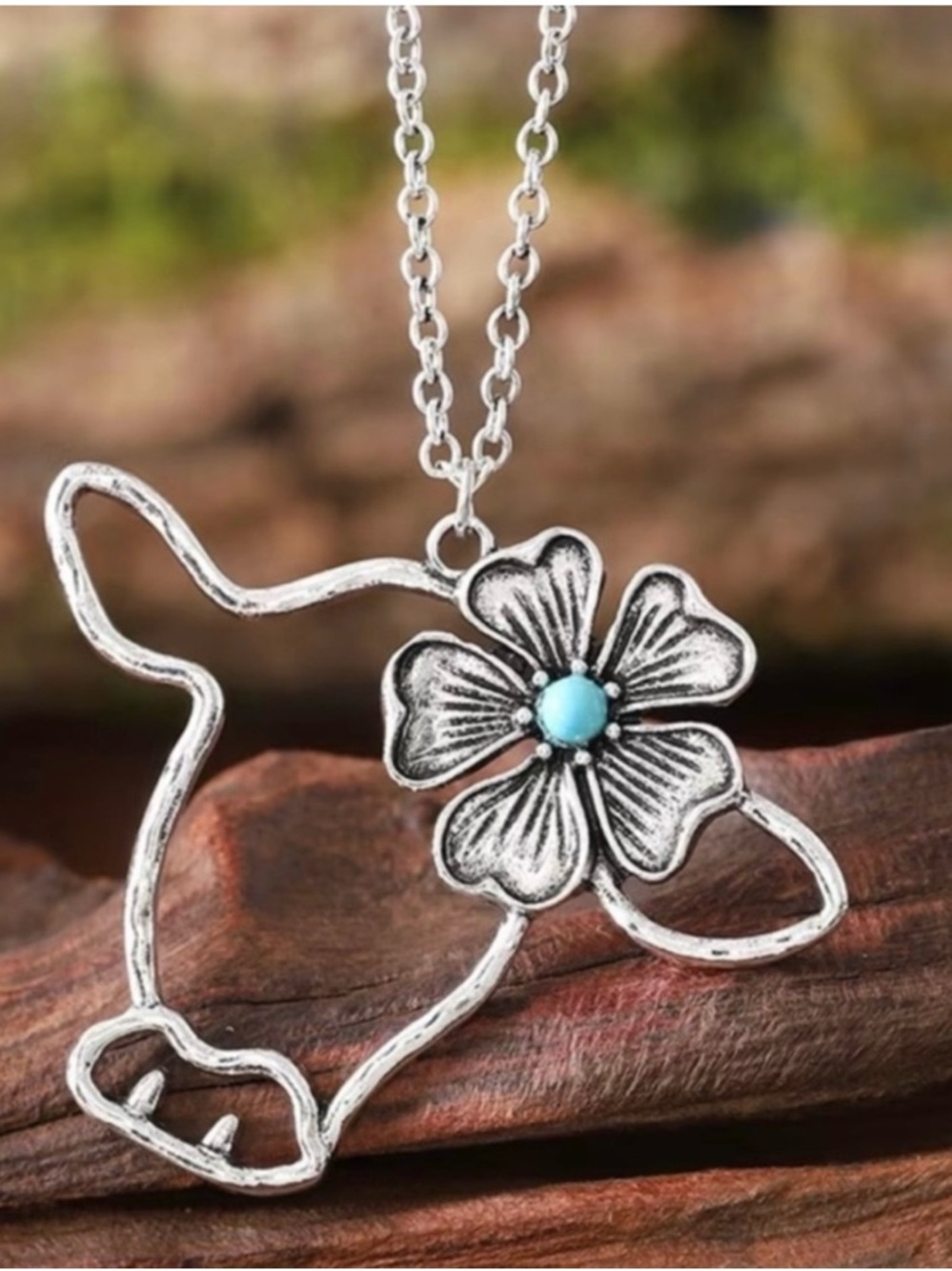Silver Floral Cow Outline Necklace with Turquoise Accent - Women Jewelry NWOT